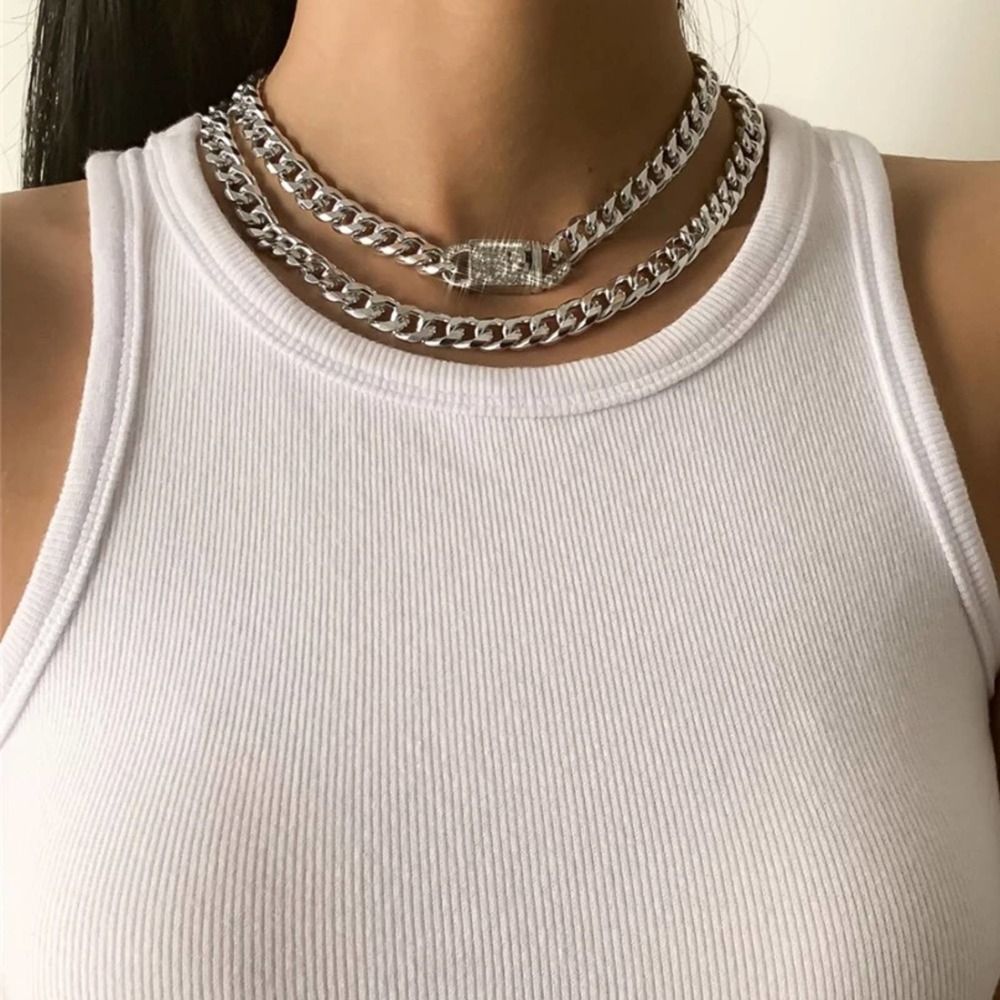 SILVER RHINESTONE LOCK CUBAN CHAIN LINK LAYER CHOKER NECKLACE - Picture 2 of 5